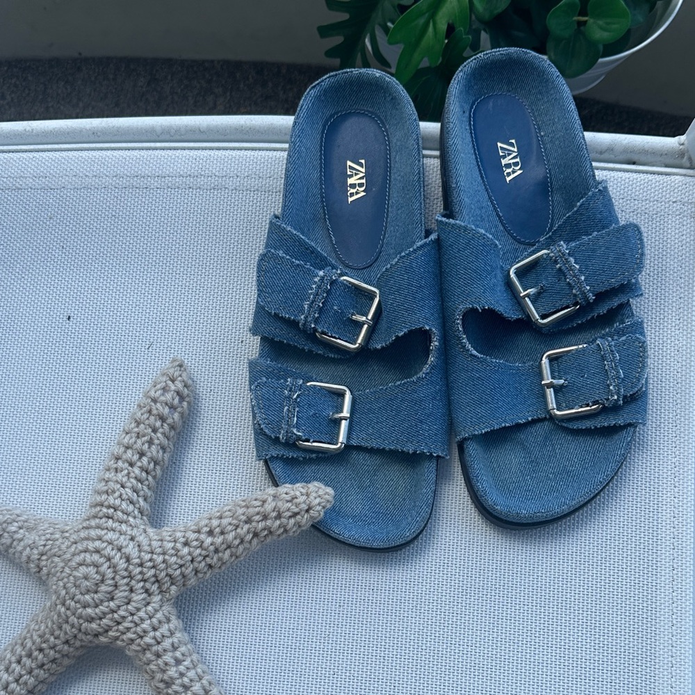 Zara  Denim Blue Silver Buckle Sandals